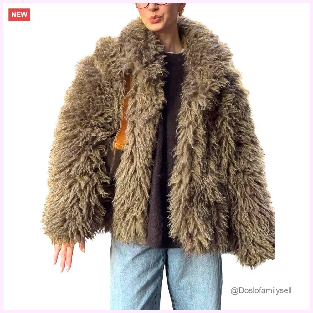 Faux Fur Coat Winter Fluffy Jacket Long Sleeve Lapel Collar Shaggy Parka